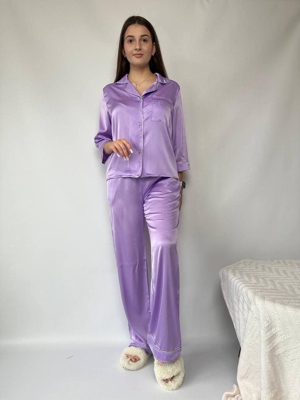Жіноча шовкова піжама: сорочка на ґудзиках та штани з кишенями, фото 1