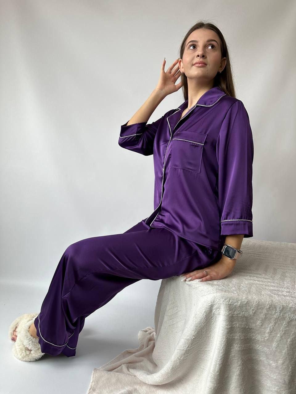 Жіноча шовкова піжама: сорочка на ґудзиках та штани з кишенями, фото 1