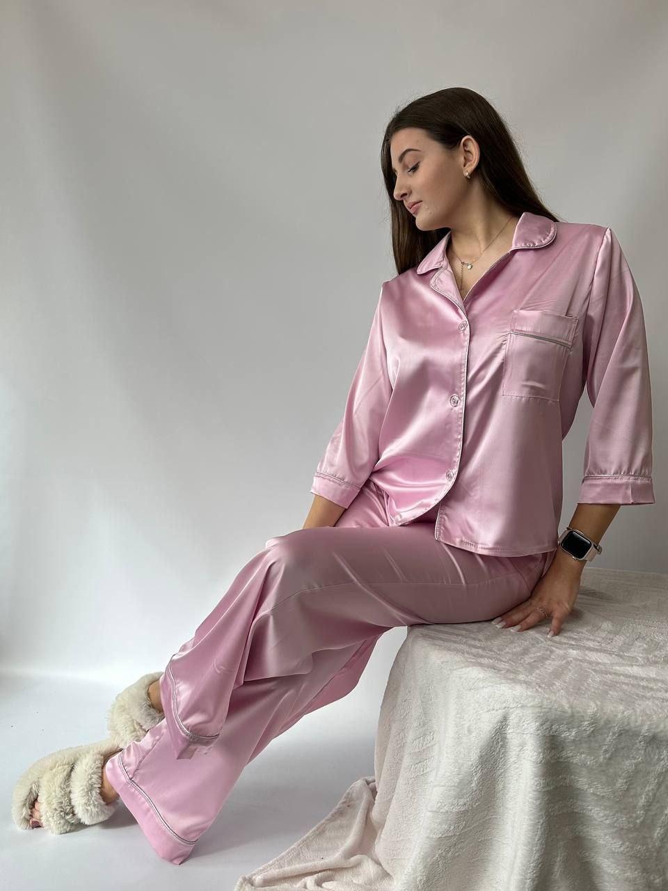 Жіноча шовкова піжама: сорочка на ґудзиках та штани з кишенями, фото 1