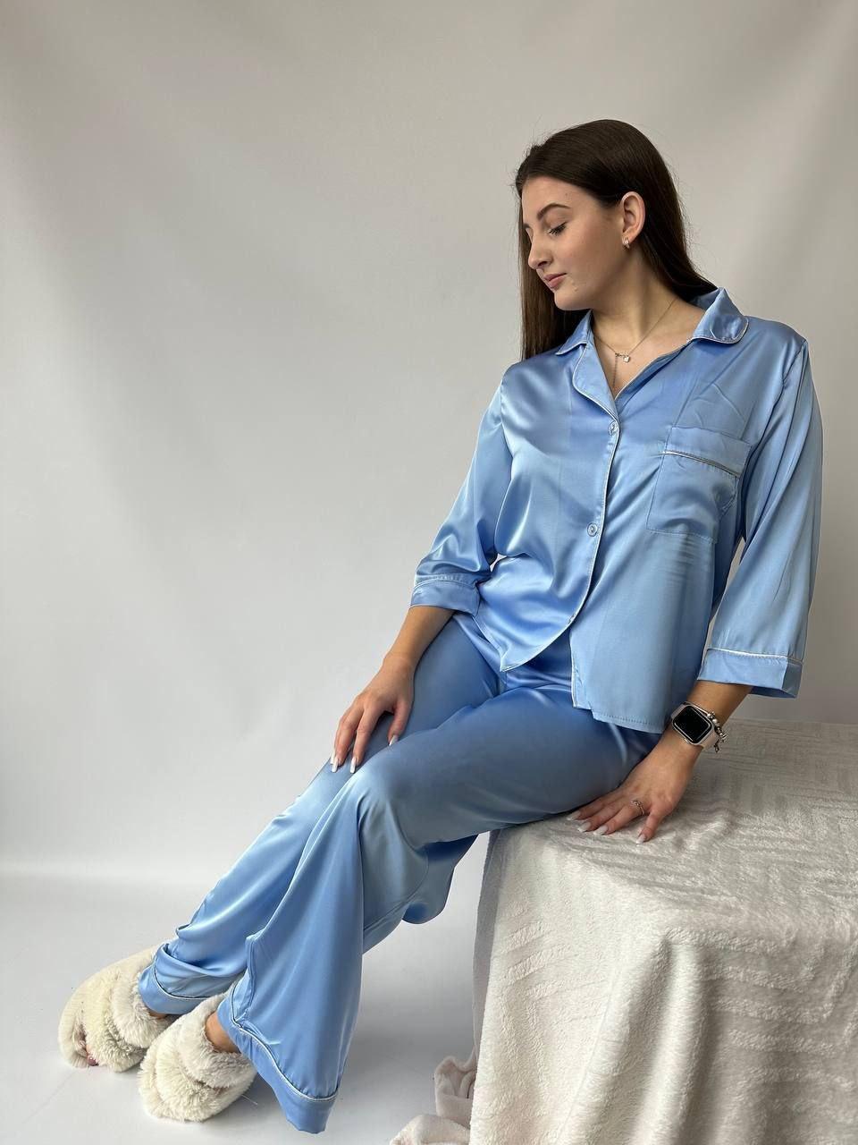 Жіноча шовкова піжама: сорочка на ґудзиках та штани з кишенями, фото 1
