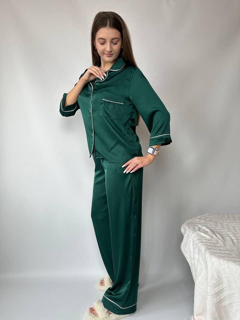 Жіноча шовкова піжама: сорочка на ґудзиках та штани з кишенями, фото 1