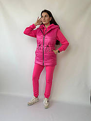 Жіночий весняний спортивний костюм трійка з жилеткою, кофта на блискавці і штани з кишенями, норма, напівбатал