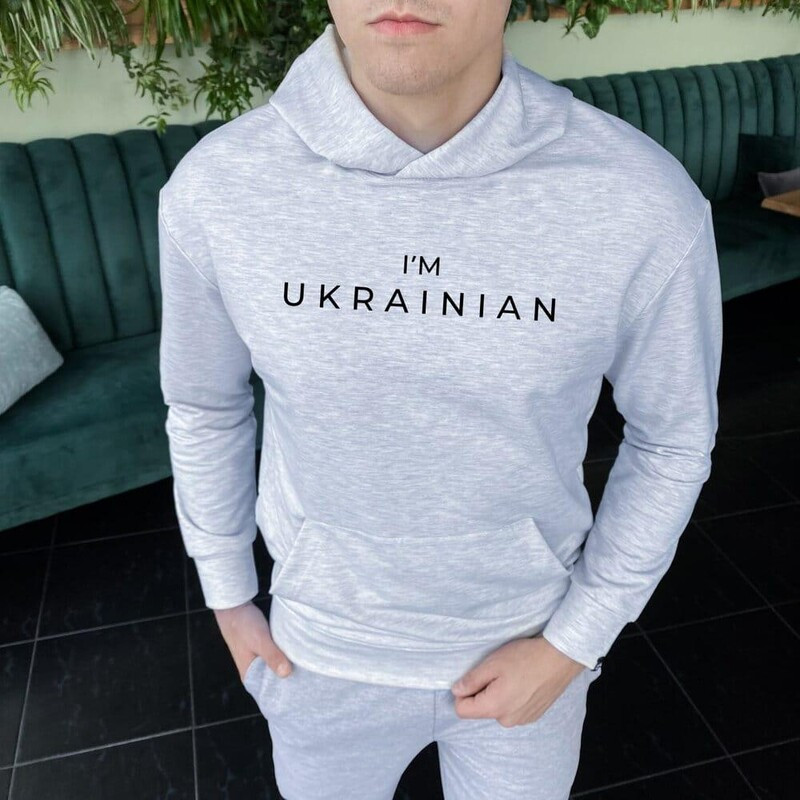 Бавовняне худі бренду Pobedov сірого кольору I'M UKRAINIAN