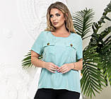 Жіноча блузка з двома кишенями, стильна вільного крою футболка, великих розмірів, бірюза, XХL, фото 2