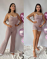 Женская пижама тройка в рубчик, комплект: майка и шорты и брюки, норма и полубатал