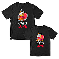 Комплект черных футболок для влюбленных с принтом "Cats Love Парочка котов. Влюбленные котики с сердцем" Кавун