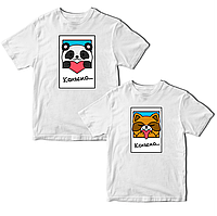 Комплект белых футболок для влюбленных с принтом "Єнот с сердцем Люблю. Панда с сердцем Люблю" Кавун ФП012143