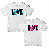 Комплект белых футболок для влюбленных с принтом "Love. Два попугая. Цветные попугаи" Кавун ФП012154 S M