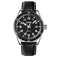 Мужские механические классические часы Skmei 9232 Серебристые на серебристом браслете, стильные статусные Серебристые на черном ремешке