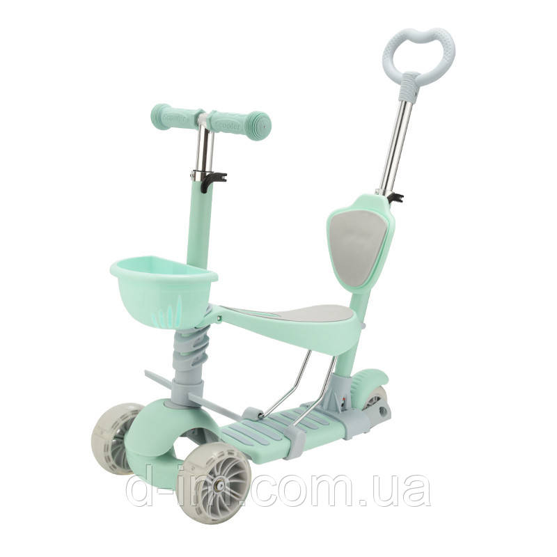 Триколісний дитячий самокат Scooter 5 в 1 Бірюза з сидінням, батьківською ручкою та кошиком 1+