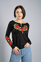 Жіноча вишита футболка з довгим рукавом «Маковий цвіт» чорна S