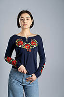 Жіноча вишита футболка з довгим рукавом «Маковий цвіт» синя S