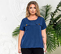 Женская блузка с двумя карманами, стильная свободного кроя футболка, больших размеров, синий, 3ХL