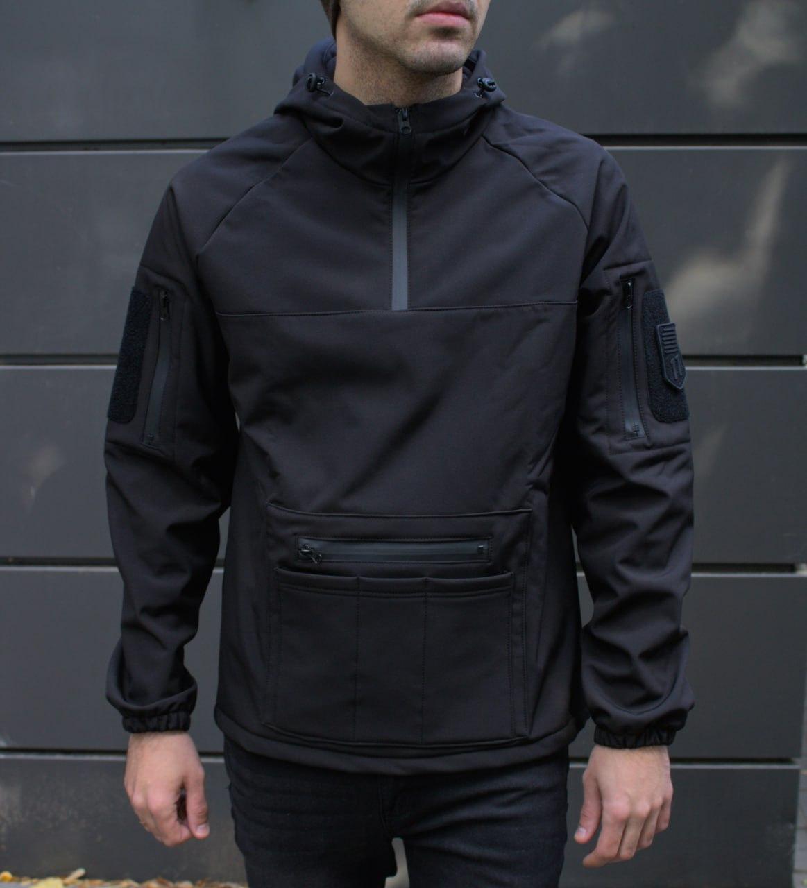Анорак чорний чоловічий Soft Shell на флісі