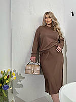 Костюм женский юбка шелк и блузка кофточка с 46 до 56 размера черный+шоколад, 46/48
