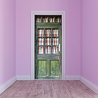 Вінілова самоклеюча кольорова декоративна наклейка на двері "Старі зелені двері з фіранками" з оракалу