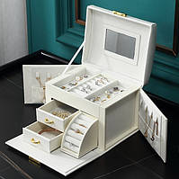 Скринька для прикрас із різними відділеннями, містка, з дзеркалом, на ключ, Білий