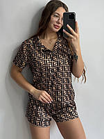Пижамный шелковый комплект, трендовая женская стильная пижама Fendi шорты и рубашка