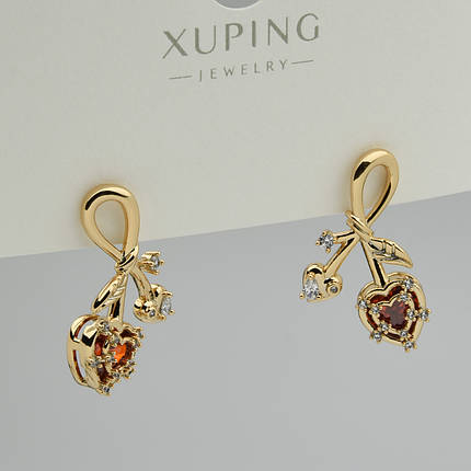 Серьги женские золотистого цвета Xuping Jewelry гвоздики пуссеты сердечки с рубиновыми стразами размер 25х15мм, фото 1