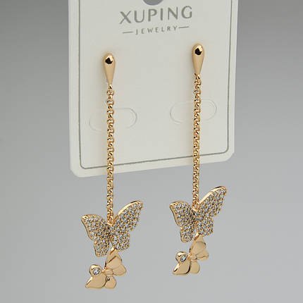 Серьги женские золотистого цвета Xuping Jewelry гвоздики висюльки бабочки с белыми кристаллами длина 55 мм, фото 1
