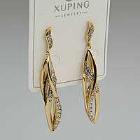 Сережки жіночі золотистого кольору Xuping Jewelry гвоздики пузети з кришталевими білими стразами розмір 45х3 мм