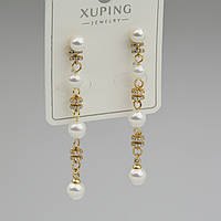 Сережки жіночі золотистого кольору Xuping Jewelry гвоздики віскі зі стразами та перлинками розмір 55х5 мм
