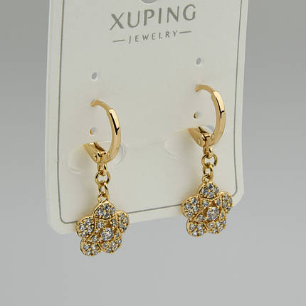 Серёжки женские золотистого цвета Xuping Jewelry 18K кольцо конго цветочки с белыми сапфирами длина 13 мм, фото 1