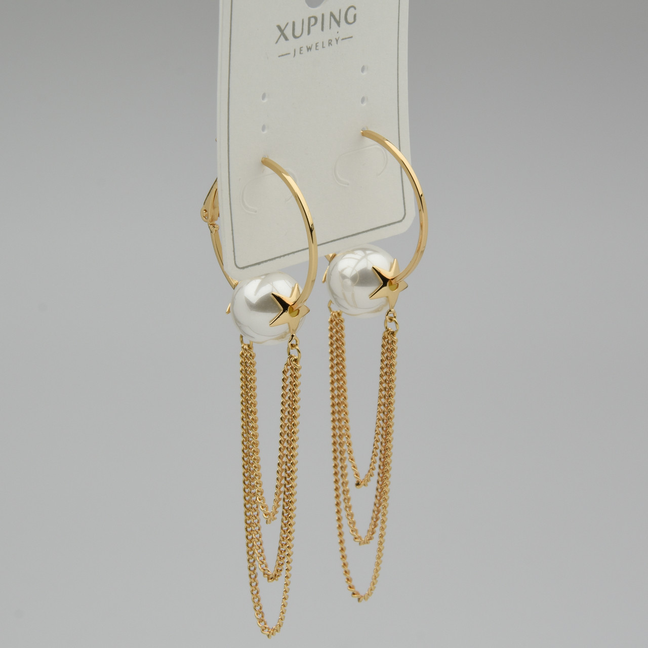 Серёжки женские золотистого цвета Xuping Jewelry 18K кольца с висюльками и жемчугом диаметр 25 мм длина 70 мм