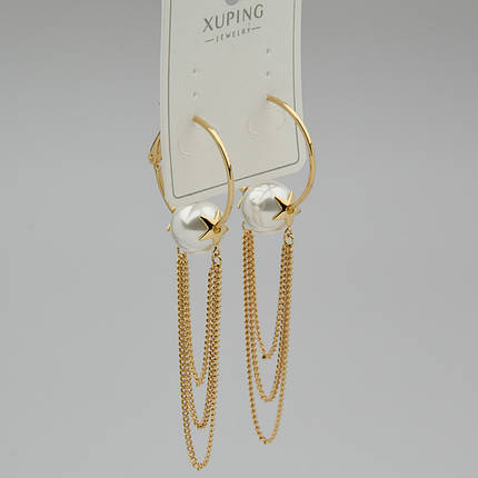 Серёжки женские золотистого цвета Xuping Jewelry 18K кольца с висюльками и жемчугом диаметр 25 мм длина 70 мм, фото 1