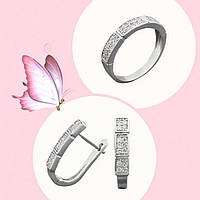 Комплект серебряный кольцо и сережки с россыпью белых фианитов