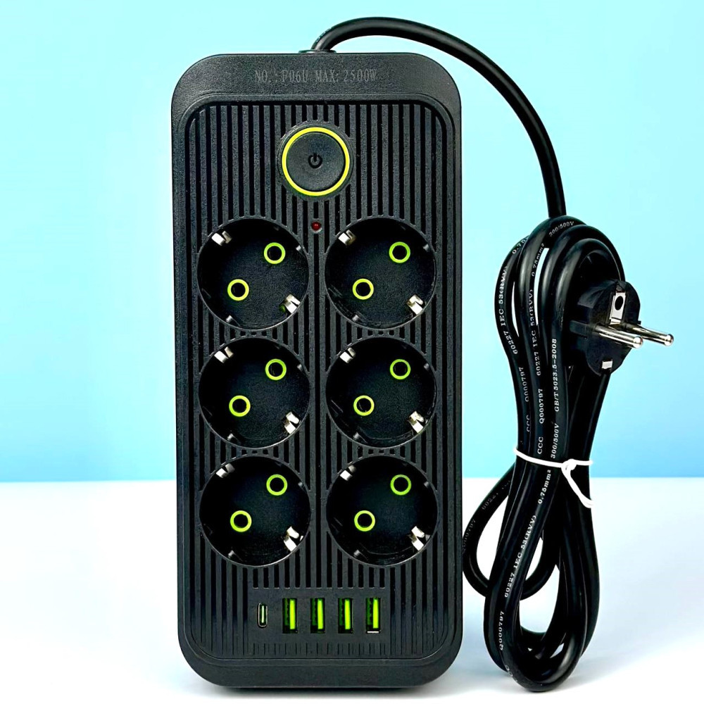 Подовжувач мережевий переноска 4 метри на 6 розеток + 4USB+1Type-CUA Power F06U Чорний 45293, фото 1
