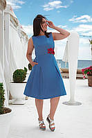 Женское летнее льняное платье с вышитыми цветами размеры 44-50 Голубой, 44
