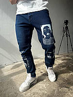 Чоловічі демісезонні джинси з малюнком "Дівчина" сині - 32, 33, 34, 36, 38, 40, 42