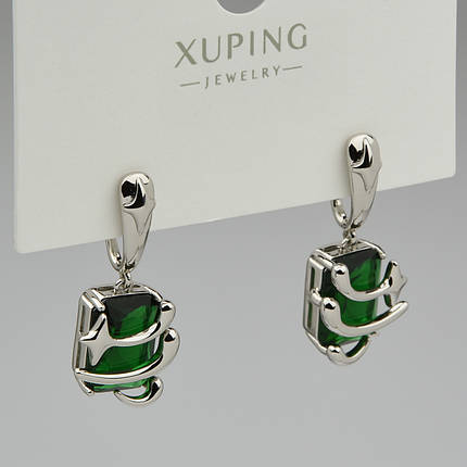 Серьги женские серебристого цвета Xuping Jewelry родий гвоздики пуссеты с изумрудными камнями размер 30х13 мм, фото 1