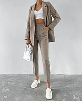 Классический женский костюм, пиджак с плечиками и брюки, пиджак без подкладки, костюмный меланж беж, 42/44