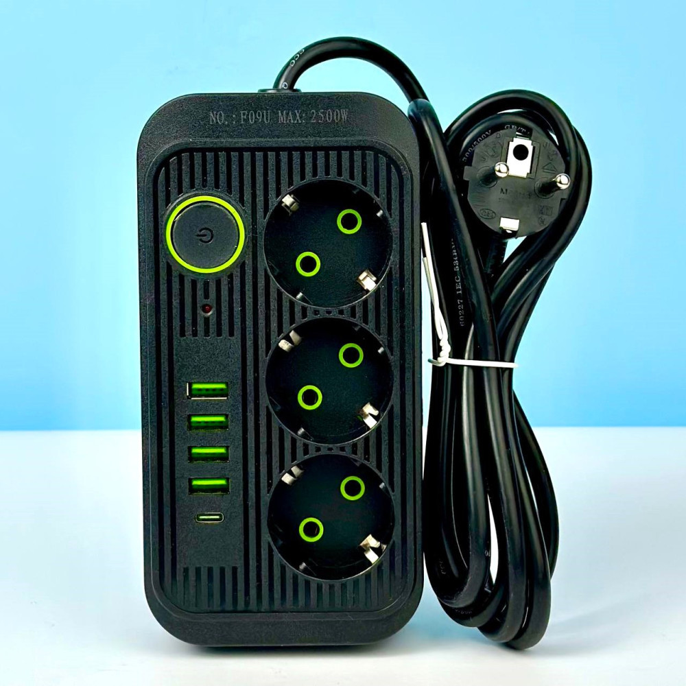 Подовжувач мережевий переноска 2 метри на 3 розетки + 4USB+1Type-CUA Power F09U Чорний 45207