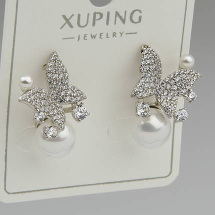 Серьги женские серебристого цвета Xuping Jewelry родий гвоздики бабочки с цирконом и жемчугом размер 55х3 мм, фото 1