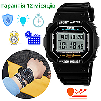 Мужские спортивные часы с гарантией черные электронные водонепроницаемые противоударные с подсветкой Skmei