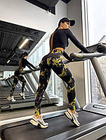 Спортивні жіночі легінси Marble Tie-Dye з ефектом Push Up Безшовні Чорні з жовтим для фітнесу та йоги
