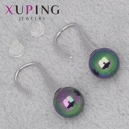 Серьги женские серебристого цвета Xuping Jewelry застёжка петля с переливающимися бусинами размер 25х10 мм, фото 1
