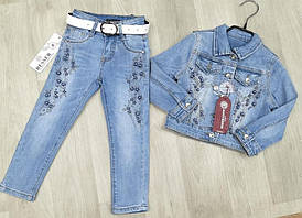 Костюм джинсовий зі стразами ЦВІТИ для дівчинки розмір 3-9 років, колір блакитний