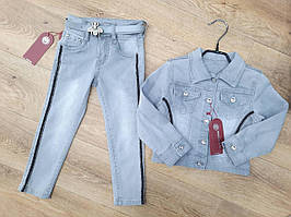 Костюм дитячий джинсовий із чорними лампасами для дівчинки розмір 3-9 років, світло-сірого кольору