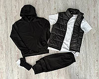 Чоловічий базовий спортивний костюм чорний 5в1 весняно-осінній, зручний чорний комплект Жилетка + Костюм + Футболка