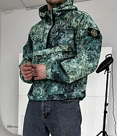 Мужской зеленый анорак Stone Island весенний-осенний плащевка, Зеленая анорак-куртка Стон Айленд с принт trek