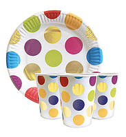 Набор посуды бумажная одноразовая Крупный горошек | Разноцветный