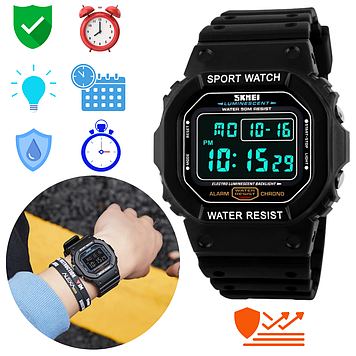 Годинник водонепроникний спортивний чоловічий чорний електронний протиударний з підсвічуванням квадратний Skmei