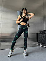 Спортивные женские леггинсы Marble Tie-Dye с эффектом Push Up Бесшовные Черные с зеленым для фитнеса и йоги