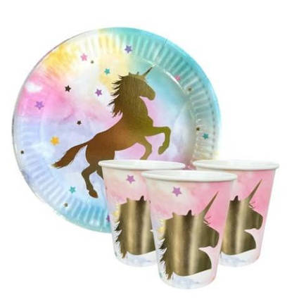 Набір посуду паперовий одноразовий Єдиноріг золото | Різнокольоровий, фото 1