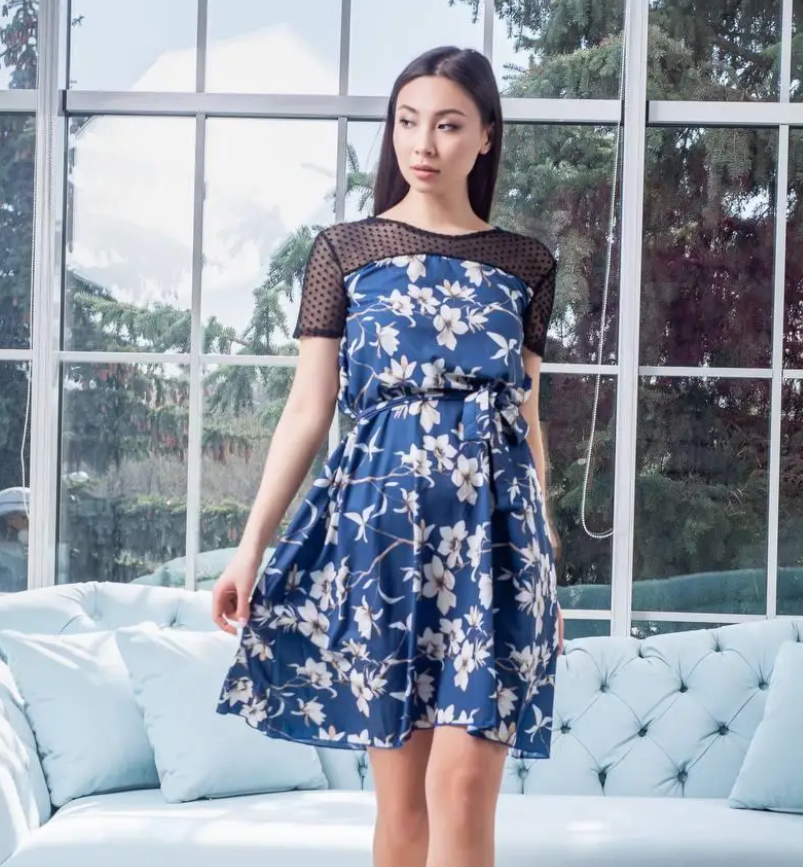 Літня сукня в квіточку розлітайка синя жіноча сукня з коротким рукавом коктейльна сукня з поясом 42-46, фото 1