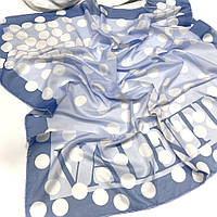 Брендовый шелковый платок Valentino Валентино в горошек. Молодежный весенний платок с ручной подшивкой Сине - Голубой